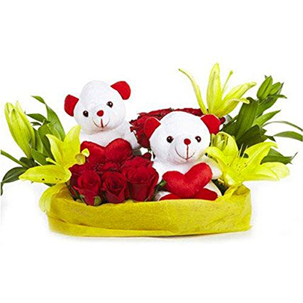 two teddy with Flower Basket